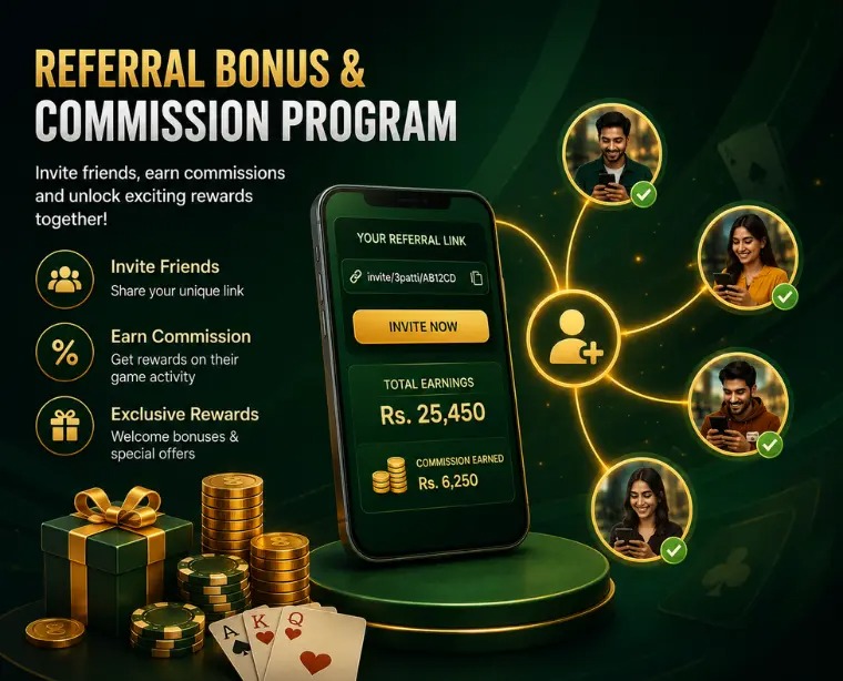 3 Patti Blue referral and commission bonus screen