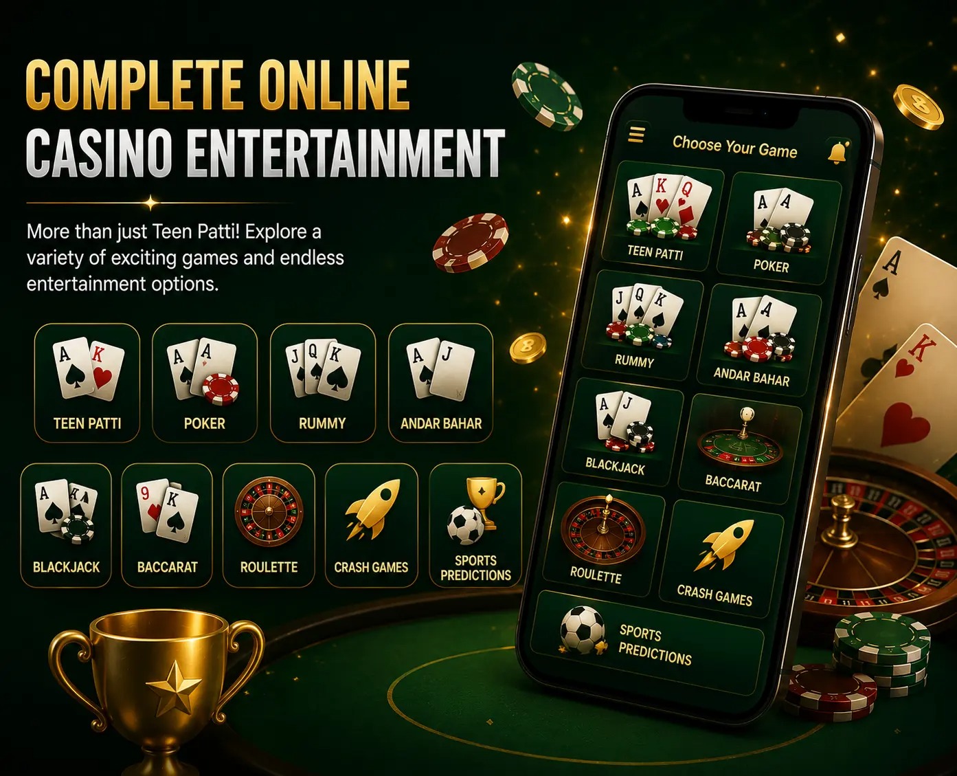 3 Patti Blue casino games menu — poker, baccarat, roulette